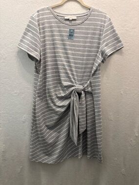 NWT LOFT Striped Tie-Front Tee Dress in Light Gray and Navy XLP XL PETITE Casual